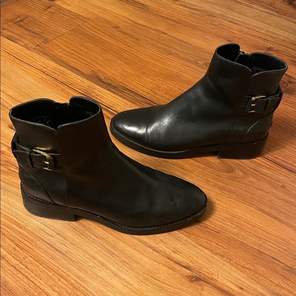 Cole Haan Black Leather Ankle Boots with Gold Buckle Detail - Picture 6 of 9